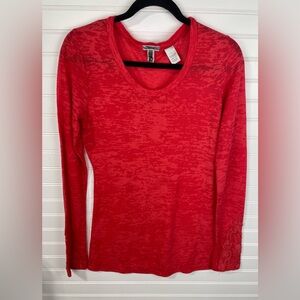 BKE Red Sheer Thin Long Sleeve Scoop Neck Embroidered Shirt Size Large EUC